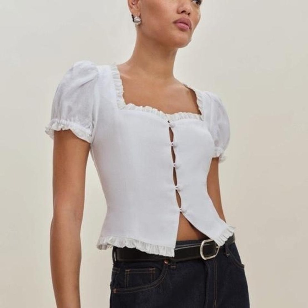 Reformation Rosemary Linen Top White Puff Sleeve Tie Back Cottagecore Size 8 NWT